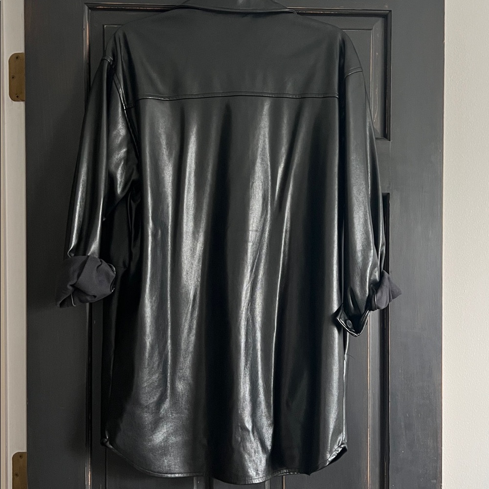 Steve Madden Black Faux Leather Shirt Jacket with Patch Pockets - Picture 5 of 5